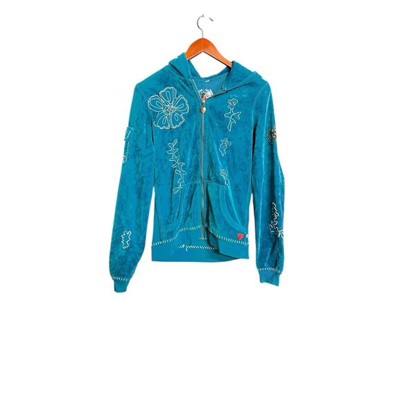 90’s Y2K Twisted Heart Teal Hooded Velour Floral Rhinestone Jacket Women’s Sz S - Picture 1 of 7